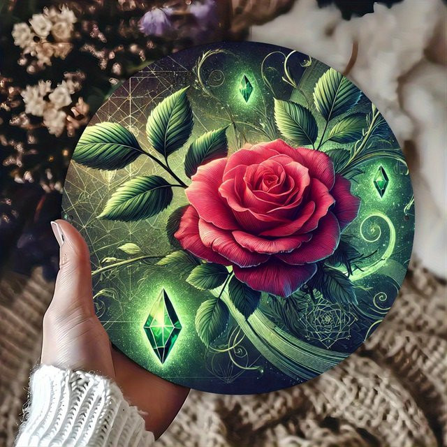 Potdemiel Rundes Metallschild mit floralem Rosenmuster als Wanddekoration, Mehrfarbig, Durchmesser: 20,32 cm - Bild 1
