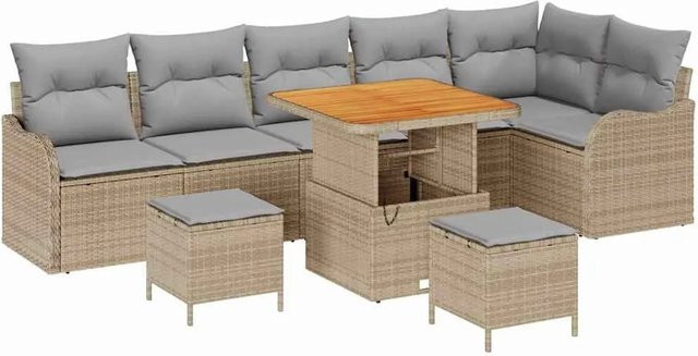 vidaXL Garten-Sofa-Set 9-teilig in Beige und Hellgrau mit Kissen und Couchtisch für Terrasse und Garten - Bild 1
