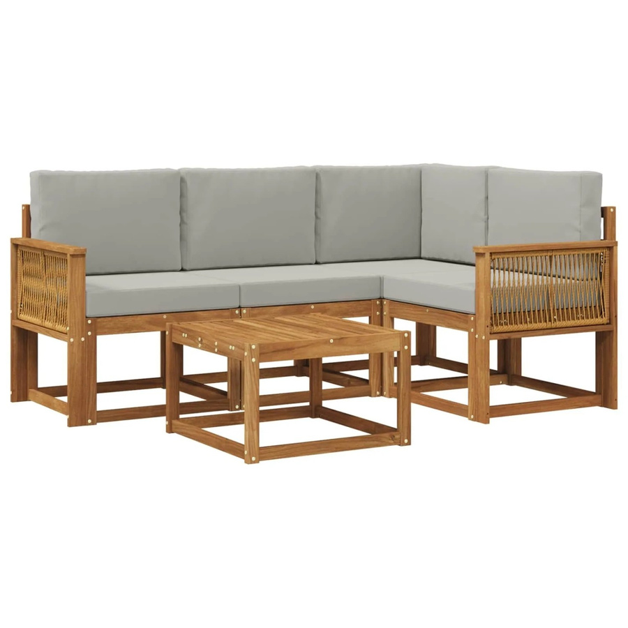 vidaXL Outdoor-Sofagarnitur aus Akazienholz und Polyester in Hellgrau, 5-teiliges L-Shape Set mit abnehmbaren Kissen - Bild 2