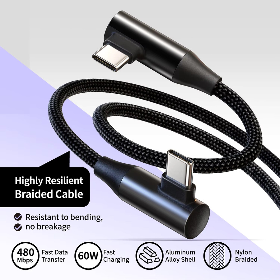 USB-C zu Typ-C Schnellladekabel 60W 3A mit 90 Grad angewinkeltem Design aus Nylon geflochten in Schwarz für Smartphones, Tablets und Kopfhörer - Bild 2