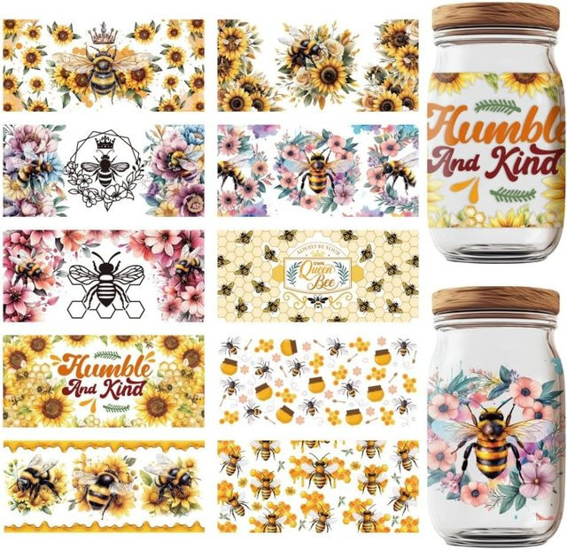 10 Blatt UV DTF Cup Wraps mit Sonnenblumen, Bienen und Wabenmustern, wasserfeste PVC Transfer Aufkleber in Multicolour für DIY-Projekte - Bild 1