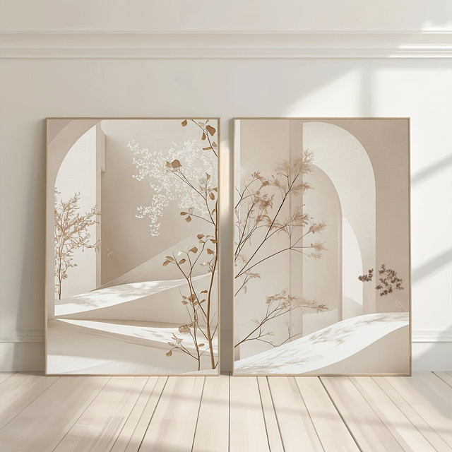 Potdemiel Boho Leinwanddruck Minimalistische Bogen-Landschaft in Beige als abstrakte Wandkunst für dein modernes Zuhause - Bild 1