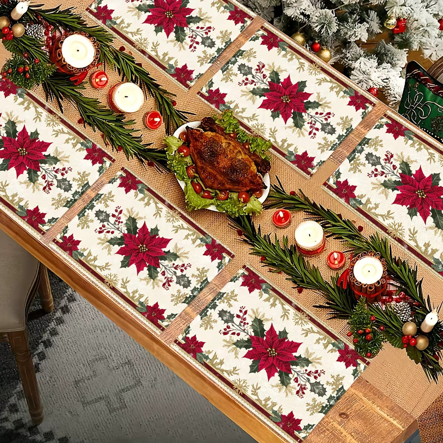 VIKAMA 4-teiliges Weihnachts-Tischset mit Weihnachtsstern aus Leinen in Rot und Gold - Bild 3