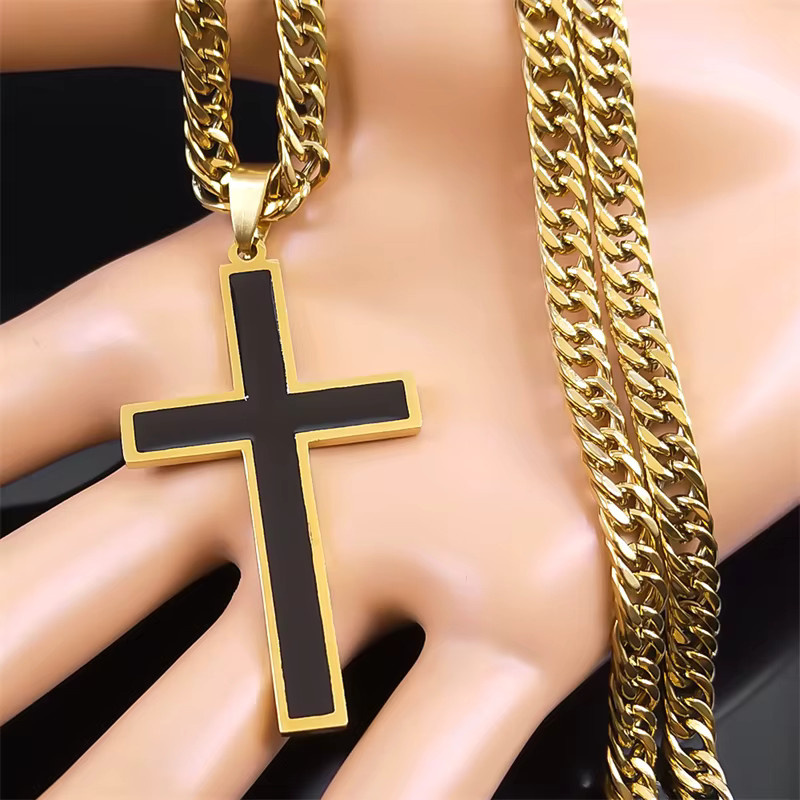 Halskette mit Kreuz Anhänger, Edelstahl, Goldfarben, Unisex - Bild 2