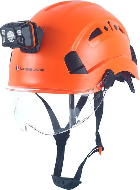 LOEBUCK Schutzhelm in Orange mit Schutzbrille und LED-Scheinwerfer, industrieller Hartschalenhelm nach EN 397 für Bauarbeiten, Kopfumfang: 53-64 cm - Bild 1