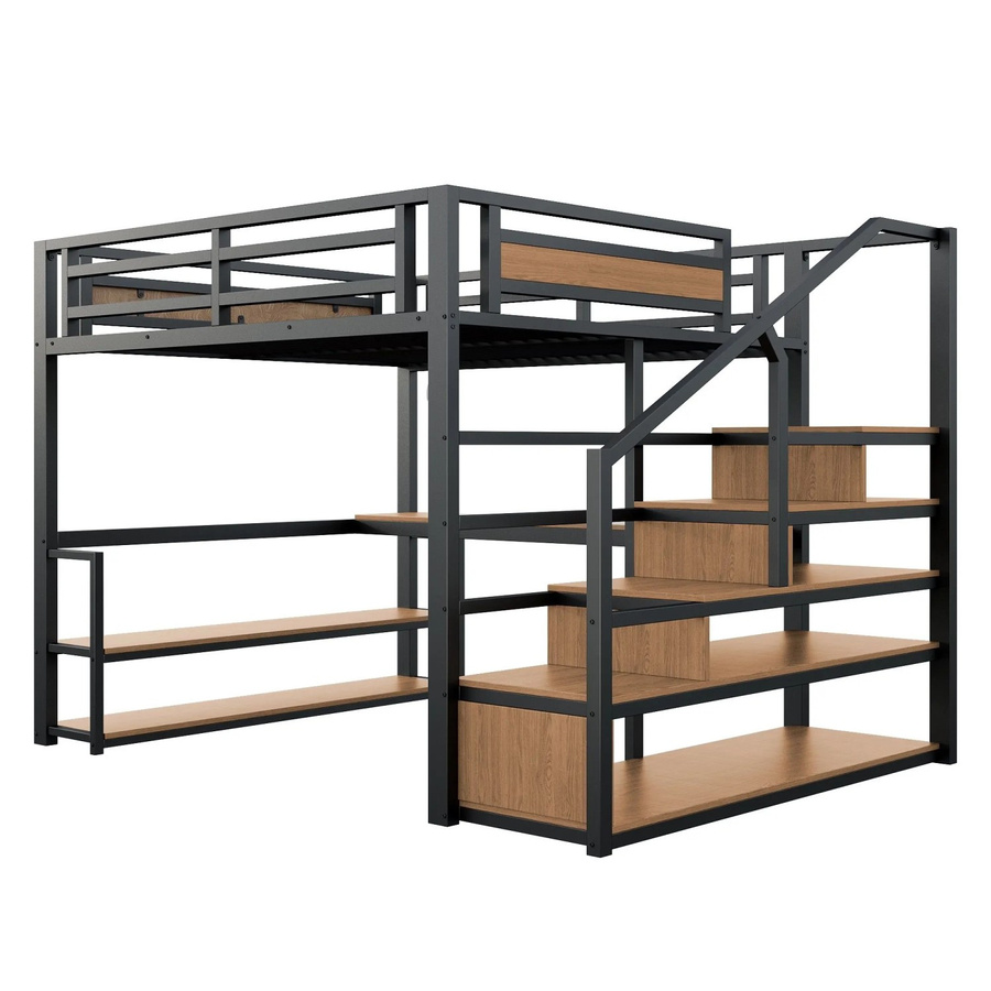 Merax Hochbett aus Metall und MDF in Schwarz mit Treppe, Regal und Tisch, B/T/H: 200 x 140 x 175 cm - Bild 2