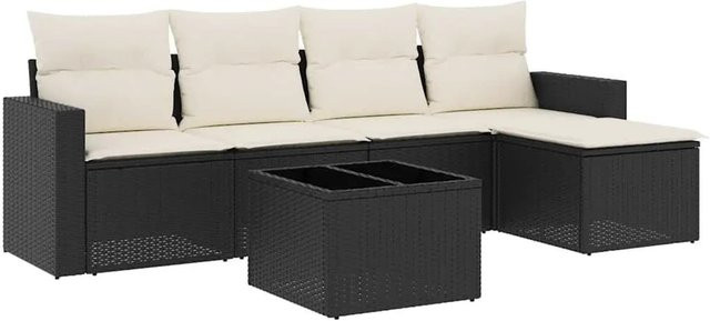 vidaXL 6-tlg Garten-Sofagarnitur in L-Form aus Polyrattan mit Kissen und Tisch in Schwarz - Bild 1