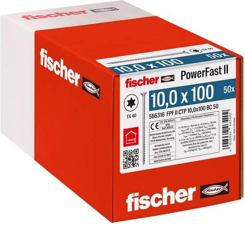 Fischer PowerFast II Senk-Holzschraube mit Torx-Antrieb, Durchmesser: 10 mm, Länge: 100 mm, Stahl galvanisch verzinkt, Farbe: Silber, 50 Stück - Bild 1