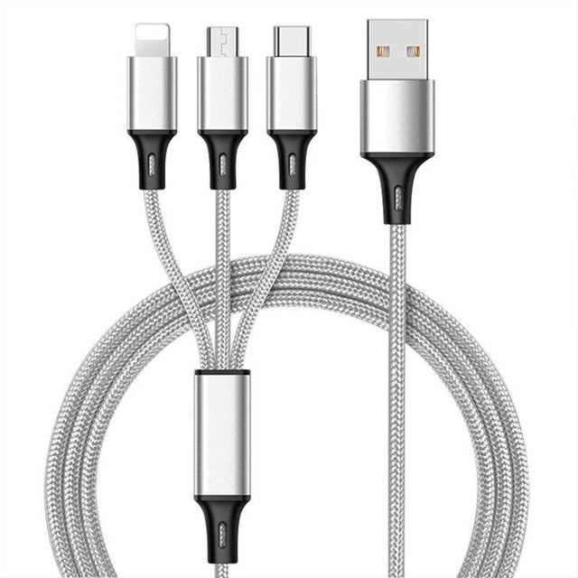 3 in 1 Multifunktions-USB-Kabel für Samsung und universelle Geräte mit USB-C, Micro-USB und Lightning in Weiß und Silber - Bild 1