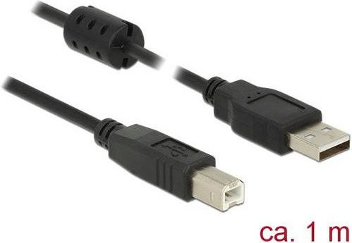 Delock USB 2.0 Kabel mit USB-A und USB-B Stecker in Schwarz, Länge: 1,00 m mit Ferritkern - Bild 1