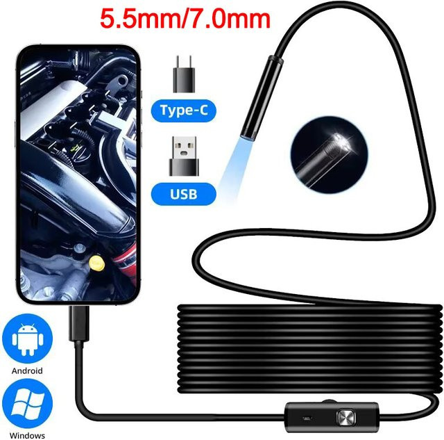 XinFe Typ-C Endoskop-Kamera mit 6 einstellbaren LEDs, flexibles USB Boreskop für Android und PC, Schwarz, Durchmesser: 5,5 mm / 7,0 mm - Bild 1