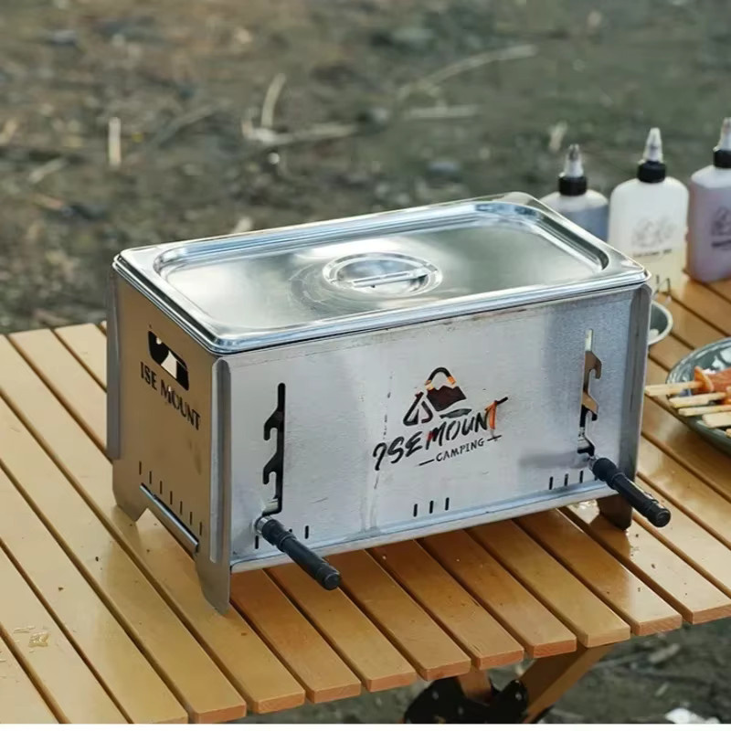 Tragbarer Outdoor-Holzofen aus Edelstahl in Silber mit abnehmbarem Grill als Campingkocher - Bild 3