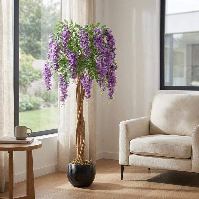 HiMISS Künstlicher Doppelstamm Blütenbaum in Lila mit Seidenblüten, Höhe: 120 cm - Bild 1