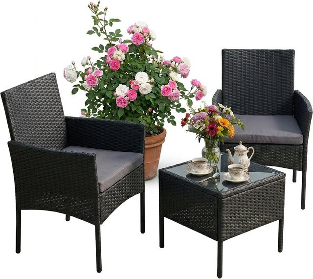 Relaxdays Gartenlounge Set aus Polyrattan in Schwarz mit Glastisch und Polsterkissen, dreiteilig für Garten, Balkon oder Terrasse, Tisch B: 82 cm, T: 57 cm, H: 58 cm - Bild 1