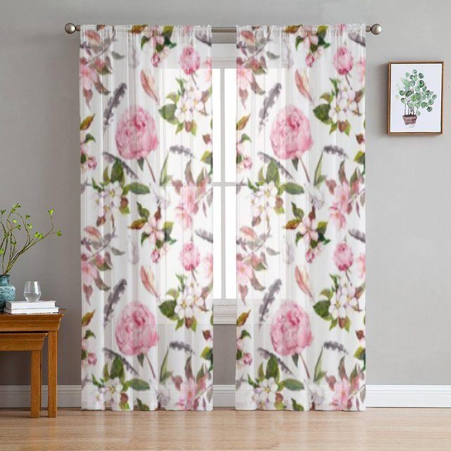 Super Six Transparente Fenstervorhänge mit floralem Design aus Tüll und Organza in Weiß, Breite: 135 cm, Höhe: 114 cm - Bild 1
