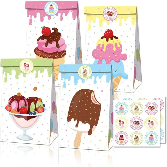 Cremefarbene Eiscreme-Geschenktüten aus Papier mit Griffen und Sommerstreusel-Design für deine Party - Bild 1