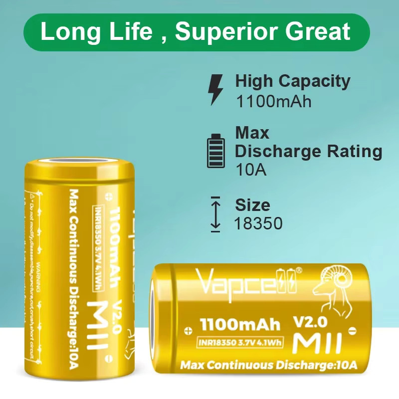 2 Stück Vapcell INR 18350 Hochleistungs-Lithium-Ionen-Akkus mit 1600mAh und 3,7V - Bild 2