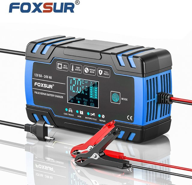 Foxsur Batterieladegerät mit LCD-Display für 12V und 24V Auto, Motorrad und LKW mit Puls-Reparaturfunktion für AGM und Blei-Säure-Batterien in Gelb-Blau - Bild 1