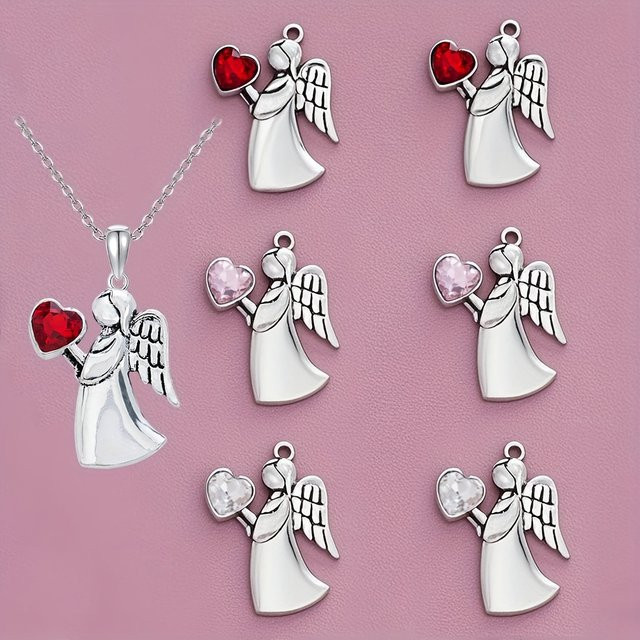 6er Set Engel und Herzen als silberne Diamant-Hängedekoration aus Metall für Valentinstag und besondere Anlässe - Bild 1