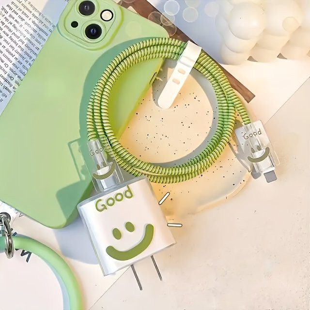 Grünes Happy Face Ladegerät Schutzhülle mit Kabelmanagement und Kabelwickler Kit für iPhone 13 11 15 16 Pro Max - Bild 1