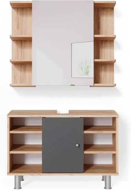Vicco Badmöbel Set Fynn Spiegelschrank und Waschbeckenunterschrank in Eiche und Anthrazit - Bild 2