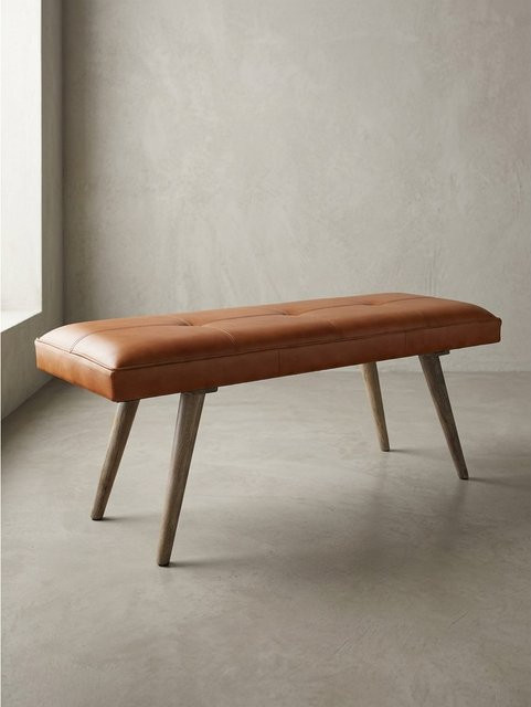 KADIMA DESIGN Sitzbank aus Echtleder und Massivholz in Braun im Retro-Style, B/T/H: 117 x 51 x 38 cm - Bild 1