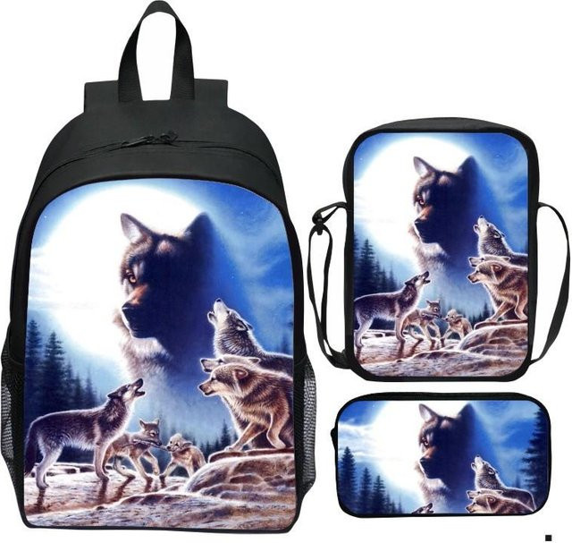 Fancy Style Studio Cartoon-Wolf Schulset mit Rucksack, Umhängetasche und Federmäppchen in Mehrfarbig - Bild 1