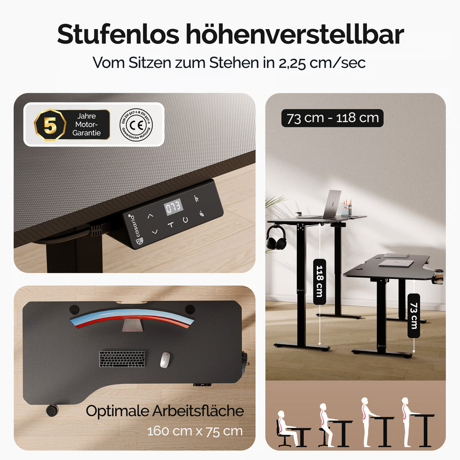 Casaria Elektrischer höhenverstellbarer Schreibtisch in Schwarz, B/T/H: 160 x 75 x 73-118 cm - Bild 2