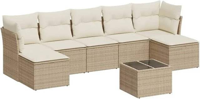 vidaXL 8-teilige Garten-Sofagarnitur in L-Form aus Poly-Rattan in Beige mit Kissen und pulverbeschichtetem Stahlgestell - Bild 1
