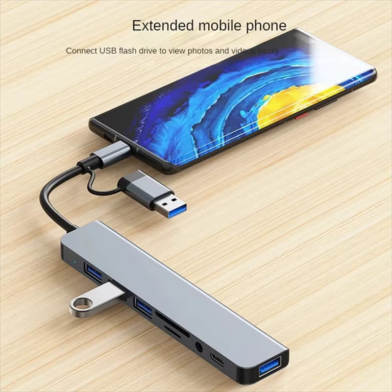 IPUMYNO 8 in 1 USB C Hub in Grau mit 4 USB Ports, TF/SD Kartenleser und 3,5 mm Audio Ausgang kompatibel für MacBook - Bild 5