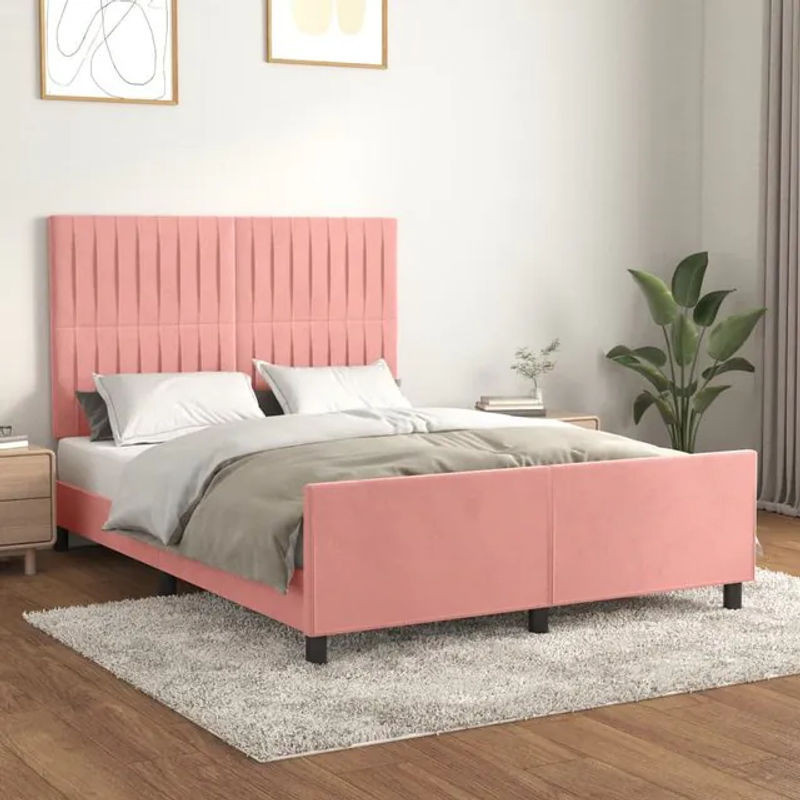 Vidaxl Polsterbett mit Kopfteil aus Samt, Rosa, B/T: 140 x 190 cm - Bild 1