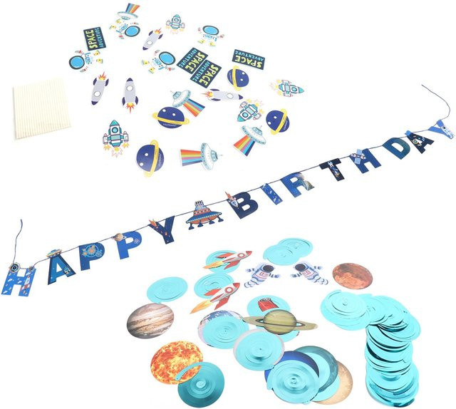KONNWEI Weltraum Geburtstag Dekoration mit Happy Birthday Banner und Spiralgirlanden für Kinder - Bild 1