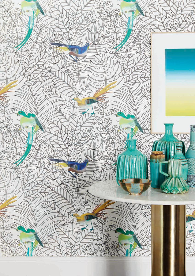 Vogeltapete Amazone von Nobilis in Multicolor und Blau mit floralem Tier- und Pflanzenmotiv als Vlies-Tapete - Bild 1