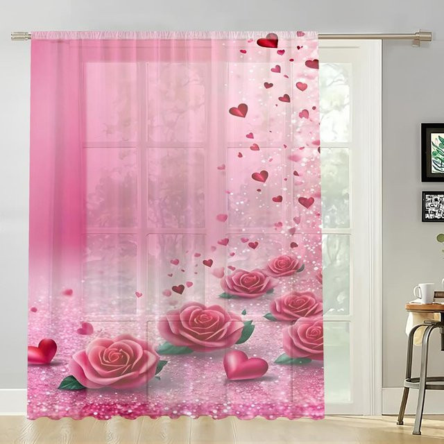 Rosa Herzförmiger Gaze-Vorhang aus Polyester für Schlafzimmer und Wohnzimmer, Breite: 100 cm, Höhe: 70 cm - Bild 1