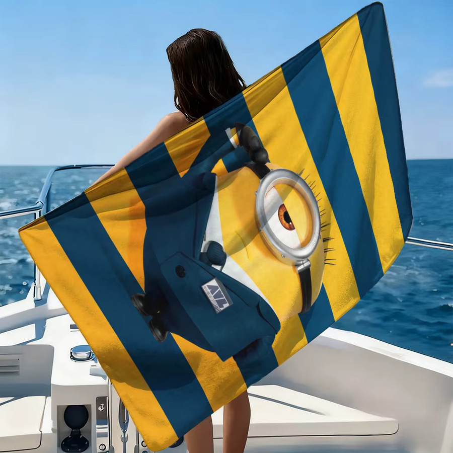 Strandtuch Potdemiel gelb und blau gestreift mit niedlichen Kreaturen, schnell trocknend, Unisex - Bild 2