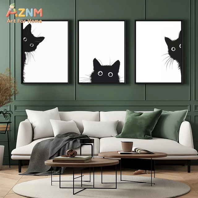 AZNM Minimalistisches Leinwandbild mit schwarzer Katzen-Silhouette in Schwarz-Weiß als abstrakter Grafikdruck für deine Wandgestaltung - Bild 1