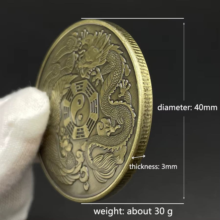 Antike Bronze-Taiji-Glücksmünze mit Drache und Phönix in Gold, Sammlerstück mit Acht-Diagramm-Motiv - Bild 2