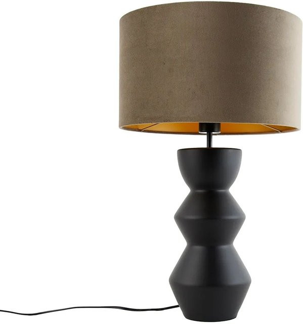 QAZQA Alisia Tischleuchte mit Samtschirm und Keramikfuß, Schwarz und Taupe mit Gold, Höhe: 35 cm - Bild 1