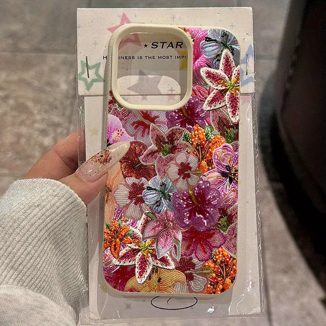 Luxuriöse Silikon-Handyhülle mit Perlen-Blumen-Design und Litschi-Textur für Apple iPhone 17 16 15 14 13 12 11 Pro Max Plus in Multicolour - Bild 1