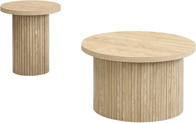 okwish Couchtisch und Beistelltisch mit doppelten runden Tischplatten in Naturholzoptik, Braun, B/T/H: 66,0 x 46,0 x 50,0 cm - Bild 1