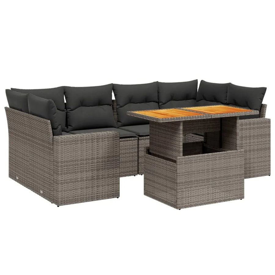 vidaXL 7-teilige Garten-Sofagarnitur aus Poly-Rattan und Akazienholz in Grau mit Kissen - Bild 2