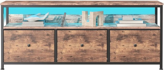 PXloue TV-Schrank in Braun mit 3 Stoffschubladen, offenen Fächern und LED-Lichtern, B/T/H: 137 x 30 x 57 cm - Bild 1