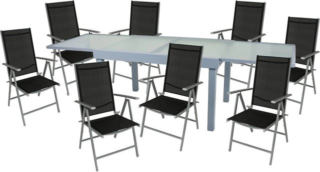 DELUKE Garten-Sitzgruppe ARNO 9-tlg. aus Aluminium in Grau mit ausziehbarem Esstisch und Hochlehner-Klappstühlen und Temperglas-Tischplatte - Bild 1