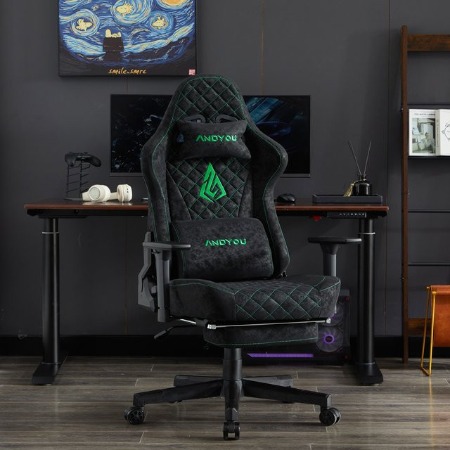 ANDYOU Vintage Gaming Chair aus PU-Leder in Schwarz mit ergonomischer Unterstützung und Kopfstütze - Bild 1