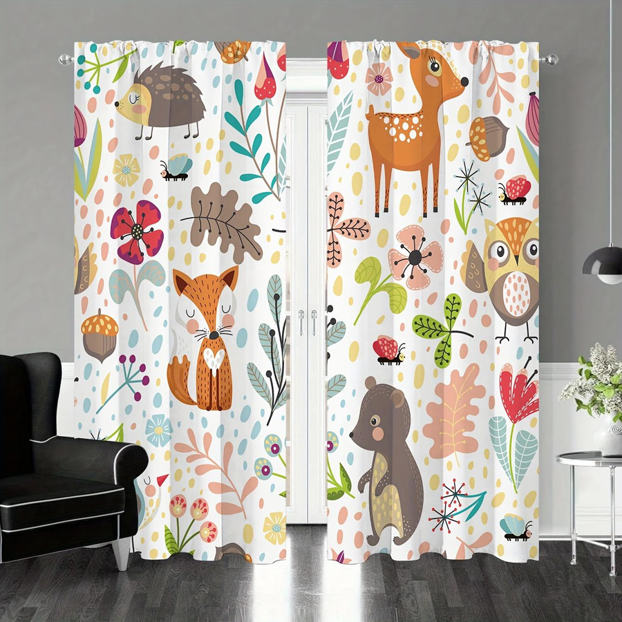 2er-Set Vorhänge mit Cartoon Tierprint Fuchs Löwe Giraffe im Dschungel-Design, halbtransparent, Mehrfarbig, Breite: 135 cm, Höhe: 185 cm - Bild 1
