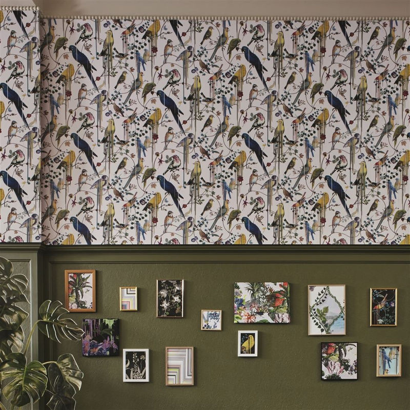 Christian Lacroix Tapete Sinfonia Perce neige mit Vogelmotiv in Weiß Blau Gelb aus Vlies - Bild 2