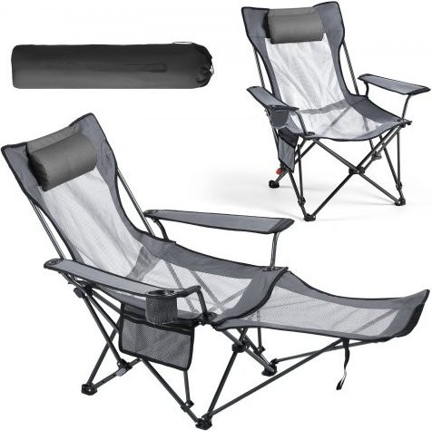 VEVOR Campingstuhl faltbar in Grau mit 4 verstellbaren Positionen, Liegestuhl mit Kopfstütze, Fußstütze und Getränkehalter aus Mesh und Polyester für Outdoor und Camping - Bild 1