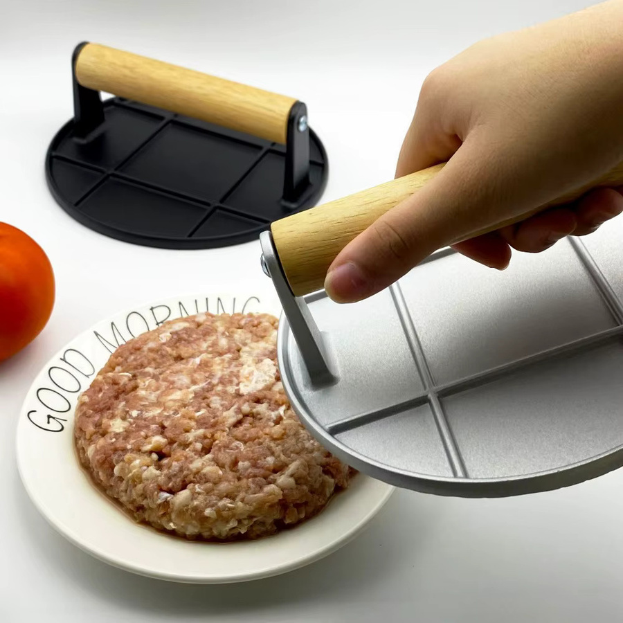 Manuelle Burgerpresse von FEB.WIND aus Aluminiumlegierung mit Holzgriff, runde Fleischpresse mit Antihaftbeschichtung für Burger-Patties - Bild 3