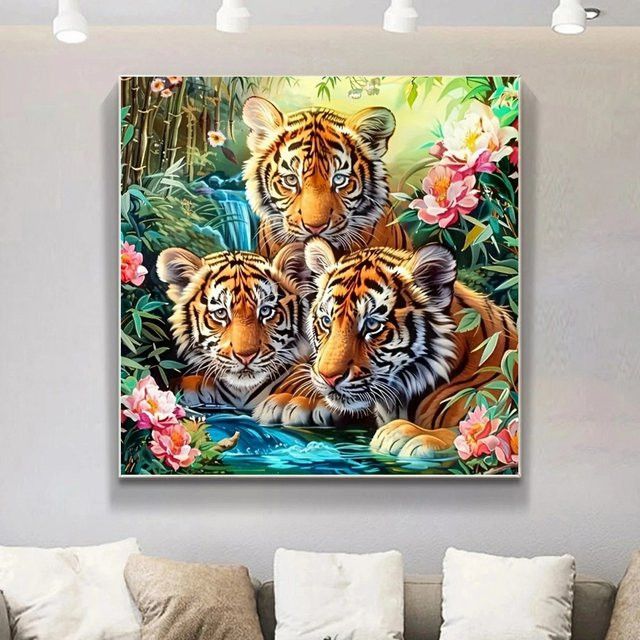 Potdemiel 5D Diamant Malerei Tiger Motiv als DIY Acryl Mosaik Set in Multicolor, runde Wanddekoration - Bild 1