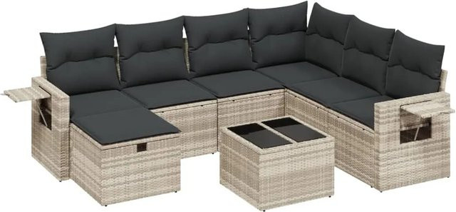vidaXL 8-tlg. Garten-Sofagarnitur in L-Form mit Kissen und Couchtisch, Hellgrau, Poly-Rattan und Metallrahmen - Bild 1